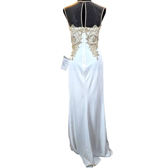Elegant White Mermaid Gown/Dress Gold Lace Appliqué & Sheer Neckline Size M - Picture 4 of 13